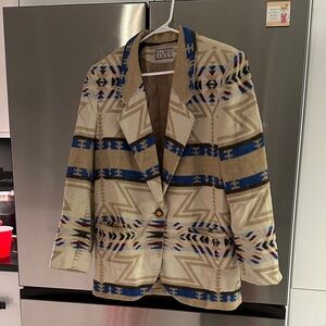 Beige & Blue Patterned Wool-Blend Blazer